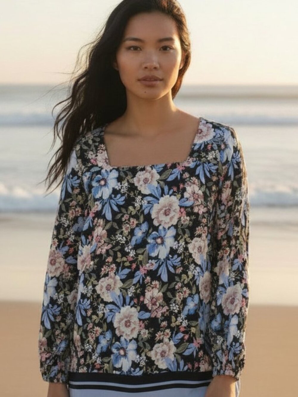 J. Jill Boho Floral Top Size M Square Neck Striped Hem Long Sleeve Blouse